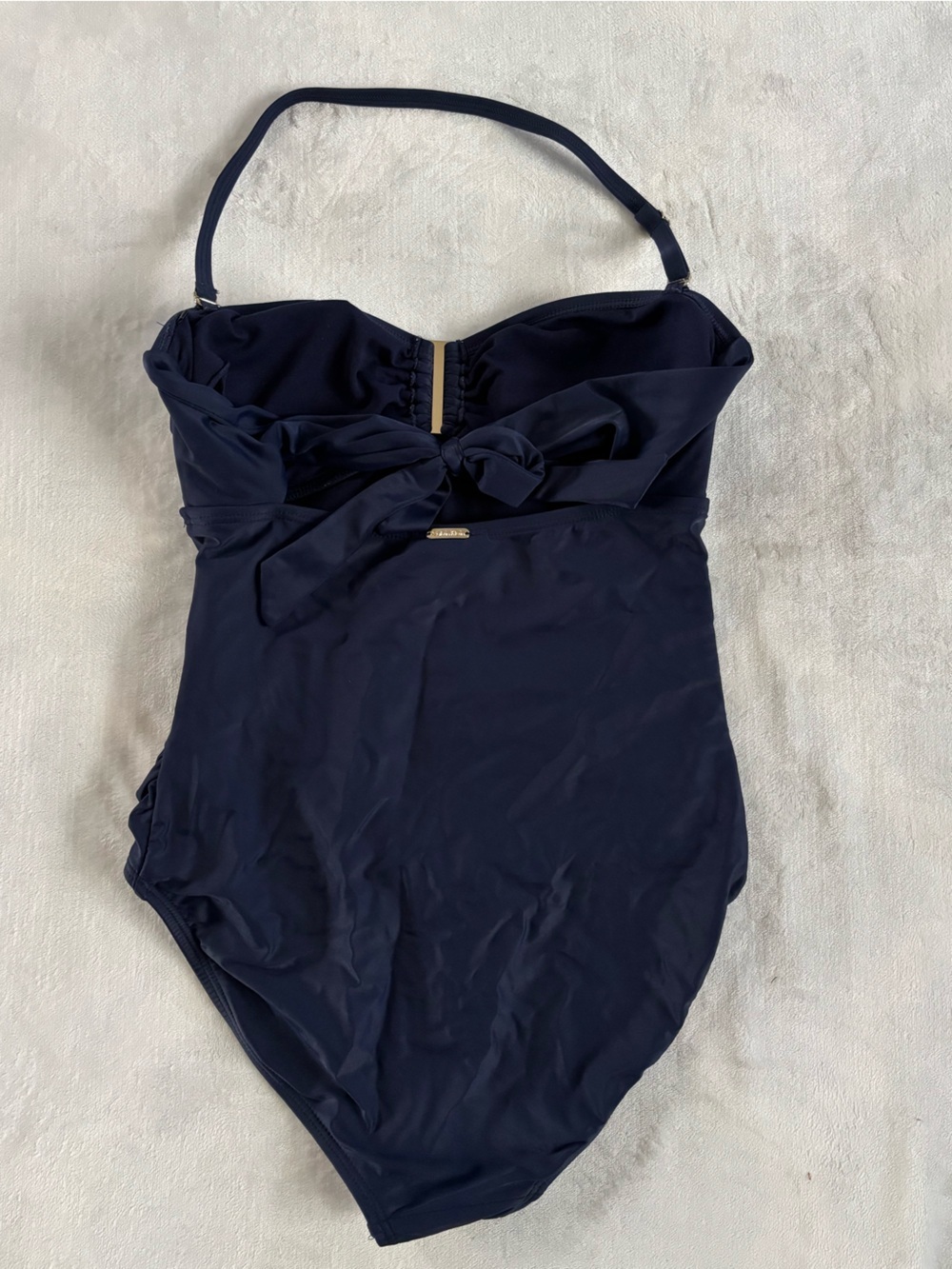 Calvin Klein Ruched One Piece Swimsuit Navy Blue Gold Bar Tummy Control Sz 6 - Picture 4 of 9